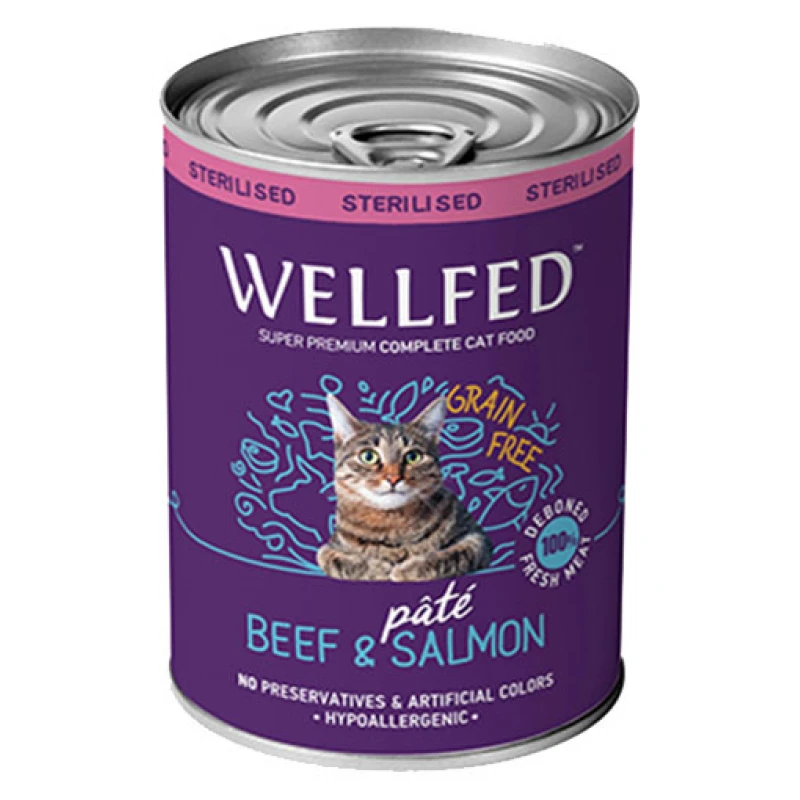 WELLFED CAT ΓΙΑ ΣΤΕΙΡΩΜΕΝΕΣ ΜΕ ΒΟΔΙΝΟ ΚΑΙ ΣΟΛΩΜΟ 400gr ΥΓΡΗ ΤΡΟΦΗ -  ΚΟΝΣΕΡΒΕΣ ΓΑΤΑΣ