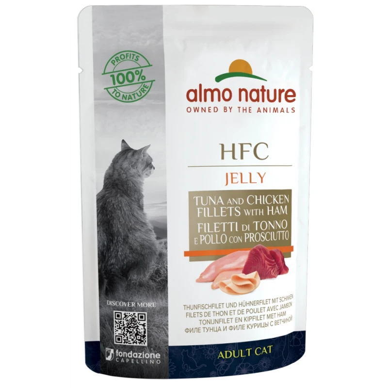 Almo Nature HFC Pouch Jelly με Tόνο, Kοτόπουλο & Zαμπόν 55gr Γάτες
