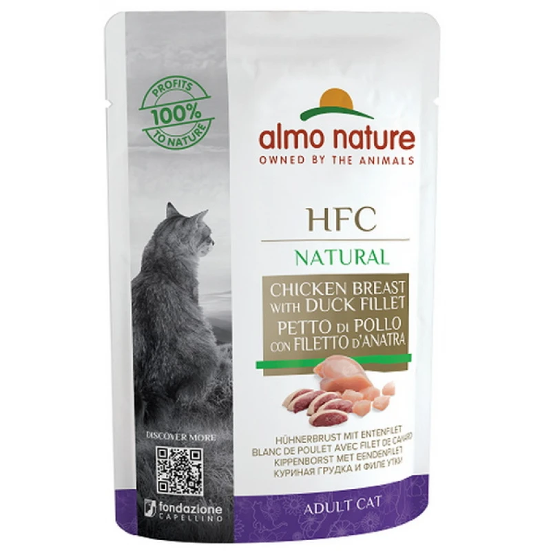 Almo Nature HFC Natural Raw Pouch 55gr με Στήθος κοτόπουλο και Φιλέτο Πάπιας ΓΑΤΕΣ