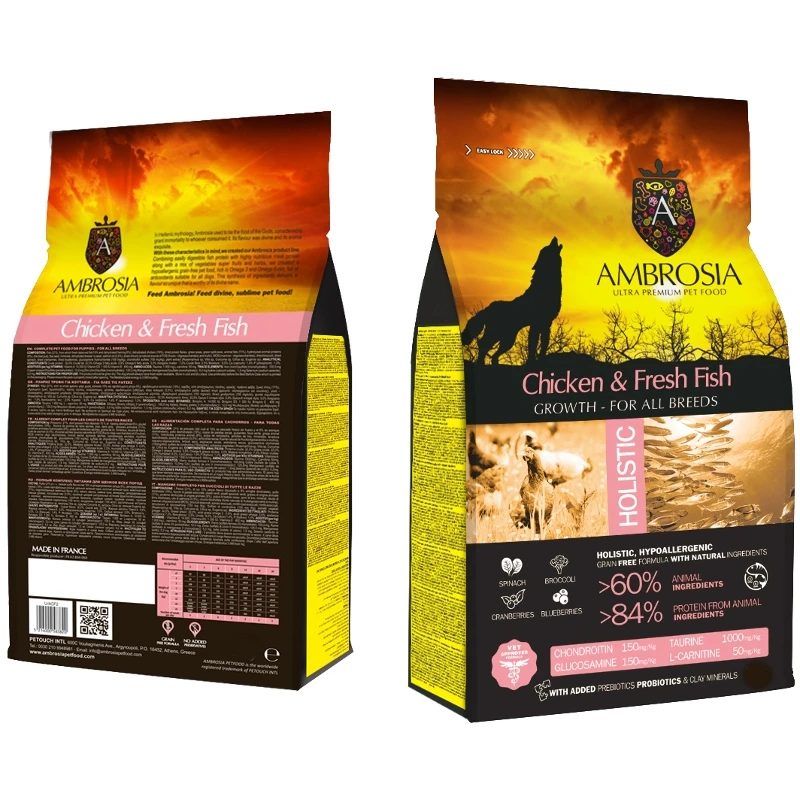 Ambrosia Grain-Free Dog Growth Chicken & Fresh Fish 6kg + Δώρο Λάδι Σολομού Perfect Care Freshness 100ml ΣΚΥΛΟΙ