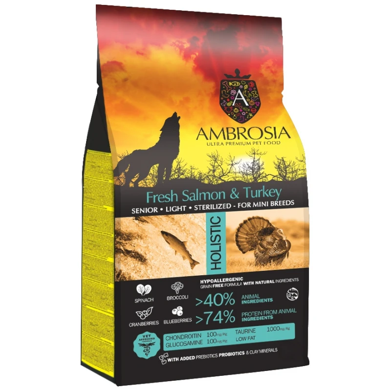 Ambrosia Grain-Free Dog Adult Mini Senior - Light - Sterilized Fresh Salmon & Turkey 5kg ΣΚΥΛΟΙ