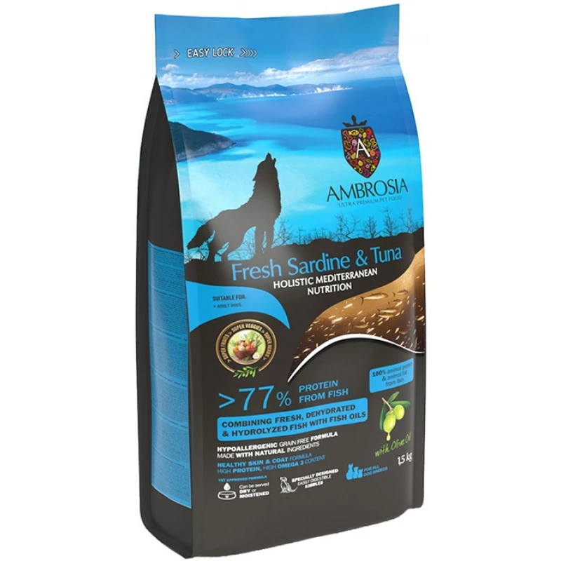 Ambrosia Mediterranean Grain Free Dog Adult Fresh Sardine & Tuna 1,5kg  ΣΚΥΛΟΙ