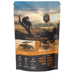 Υγρή Τροφή Γάτας Ambrosia Adult & Sterilized Salmon & Chicken Anti Hairball 85gr
