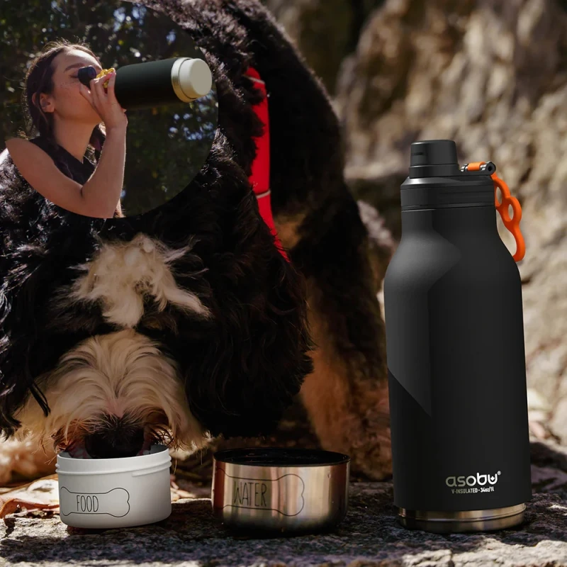 3 σε 1 Σετ Θερμός & Μπολ Για Φαγητό & Νερό Σκύλου Asobu Buddy Bottle Black (1000ml + 260ml + 200ml) Σκύλοι