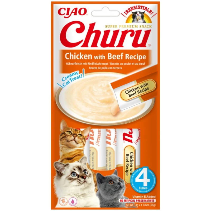 Λιχουδιές Γάτας Churu Cat Chicken & Beef (4x14gr) 56gr Κρέμα ΓΑΤΕΣ