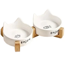 Κεραμικό Διπλό Μπολ με Ξύλινη Βάση Λευκό 23,5x14x4,5cm Κεραμικό Διπλό Μπολ με Ξύλινη Βάση Λευκό 23,5x14x4,5cm