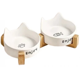 Κεραμικό Διπλό Μπολ με Ξύλινη Βάση Λευκό 23,5x14x4,5cm