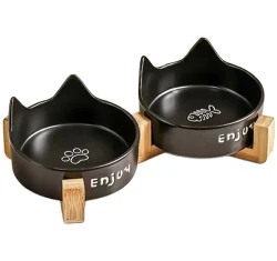 Κεραμικό Διπλό Μπολ με Ξύλινη Βάση Μαύρο 23,5x14x4,5cm Κεραμικό Διπλό Μπολ με Ξύλινη Βάση Μαύρο 23,5x14x4,5cm