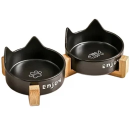 Κεραμικό Διπλό Μπολ με Ξύλινη Βάση Μαύρο 23,5x14x4,5cm