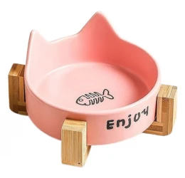 Κεραμικό Μπολ Γάτας με Ξύλινη Βάση Ροζ 15,5cm