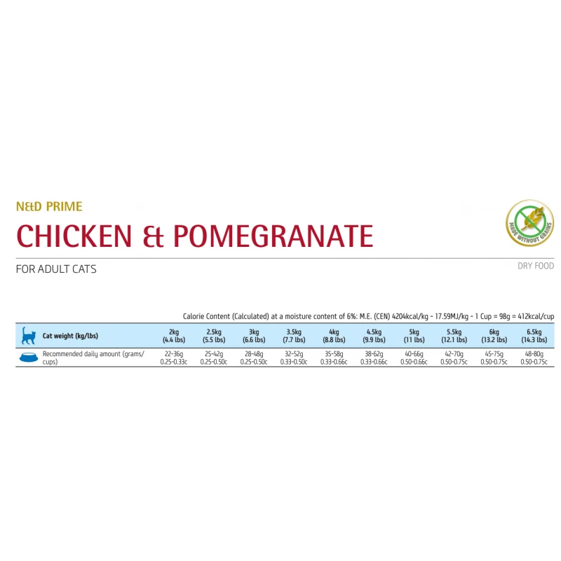 Τροφή Γάτας N&D Prime Cat Grain Free Chicken & Pomegranate Adult με Κοτόπουλο και Ρόδι 10kg ΓΑΤΕΣ