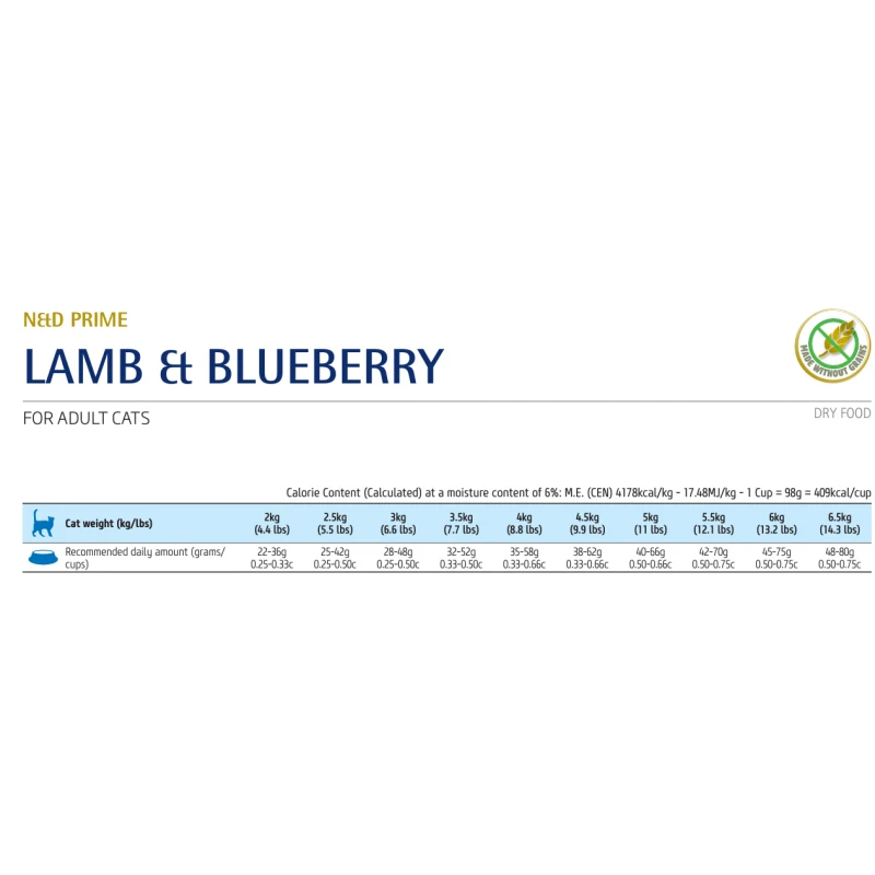 N&D Prime Cat Grain Free Lamb & Blueberry Adult 1,5kg Γάτες