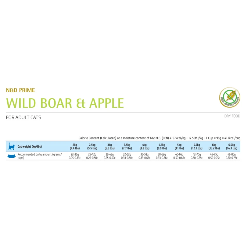 N&D Prime Cat Grain Free Wild Boar & Apple Adult 1,5kg Γάτες