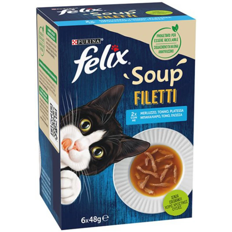 Felix Soups Fillet Πολυσυσκευασία 6x48gr με Μπακαλιάρο, Τόνο & Γλώσσα Γάτες