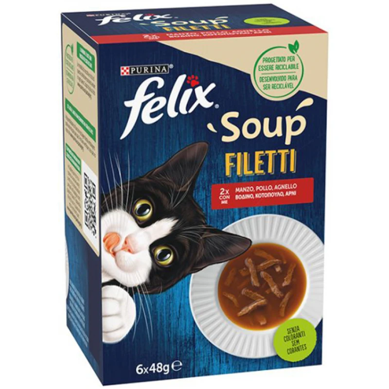 Felix Soups Fillet Πολυσυσκευασία  6x48gr με Βοδινό, Κοτόπουλο & Αρνί Γάτες