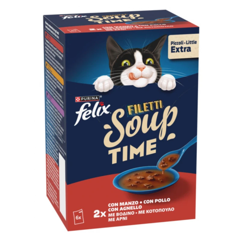 Felix Soups Fillet Πολυσυσκευασία  6x48gr με Βοδινό, Κοτόπουλο & Αρνί Γάτες