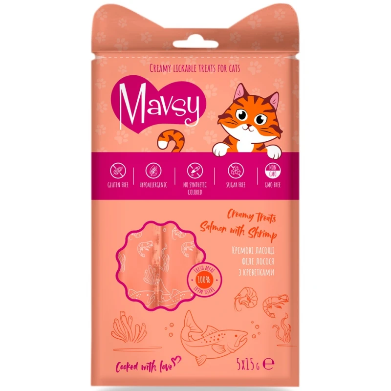 Λιχουδιά Γάτας Mavsy Creamy Salmon and Shrimps 5 x 15gr Γάτες