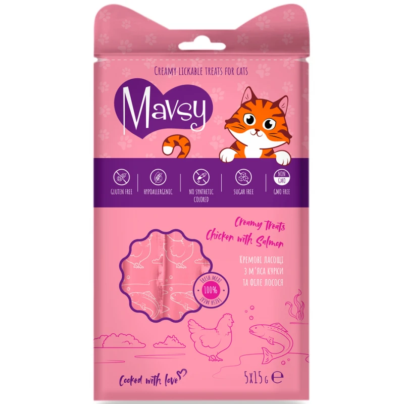Λιχουδιά Γάτας Mavsy Creamy Chicken and Salmon 5 x 15gr Γάτες