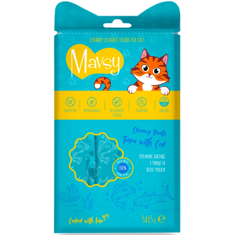 Λιχουδιά Γάτας Mavsy Creamy Tuna and Cod 5 x 15gr Γάτες
