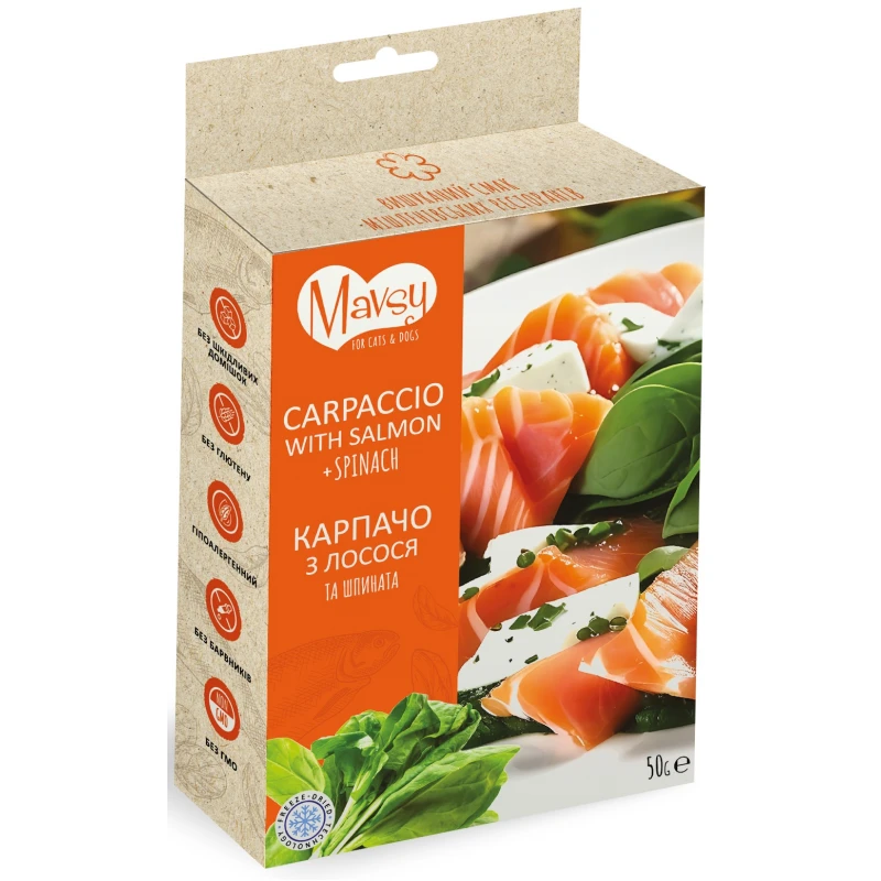 Λιχουδιά Σκύλου Mavsy Freeze Dried Carpaccio Salmon and Spinach 50gr Σκύλοι Λιχουδιά Σκύλου Mavsy Freeze Dried Carpaccio Salmon and Spinach 50gr Σκύλοι