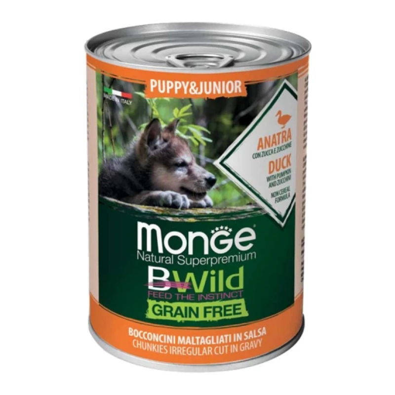 Κονσέρβα Για Κουτάβια Monge Puppy Bwild Grain free Κομματάκια σε Σάλτσα 400gr με Πάπια ΣΚΥΛΟΙ