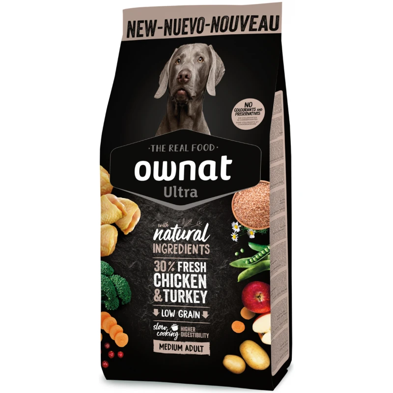 Ownat Ultra Low Grain Medium Adult Κοτόπουλο & Γαλοπούλα 12kg Σκύλοι