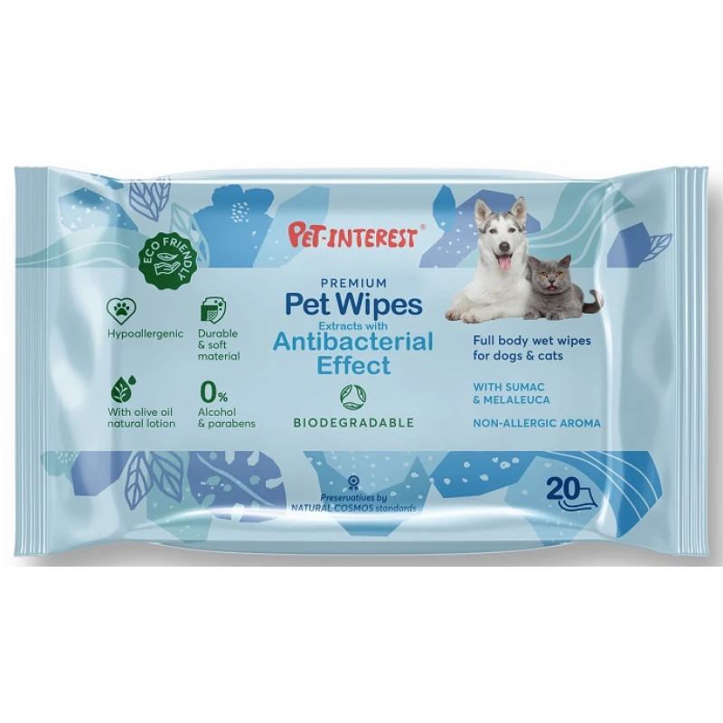 Βιοδιασπώμενα Μαντηλάκια Καθαρισμού Pet Interest Antibacterial Effect 20τμχ ΣΚΥΛΟΙ