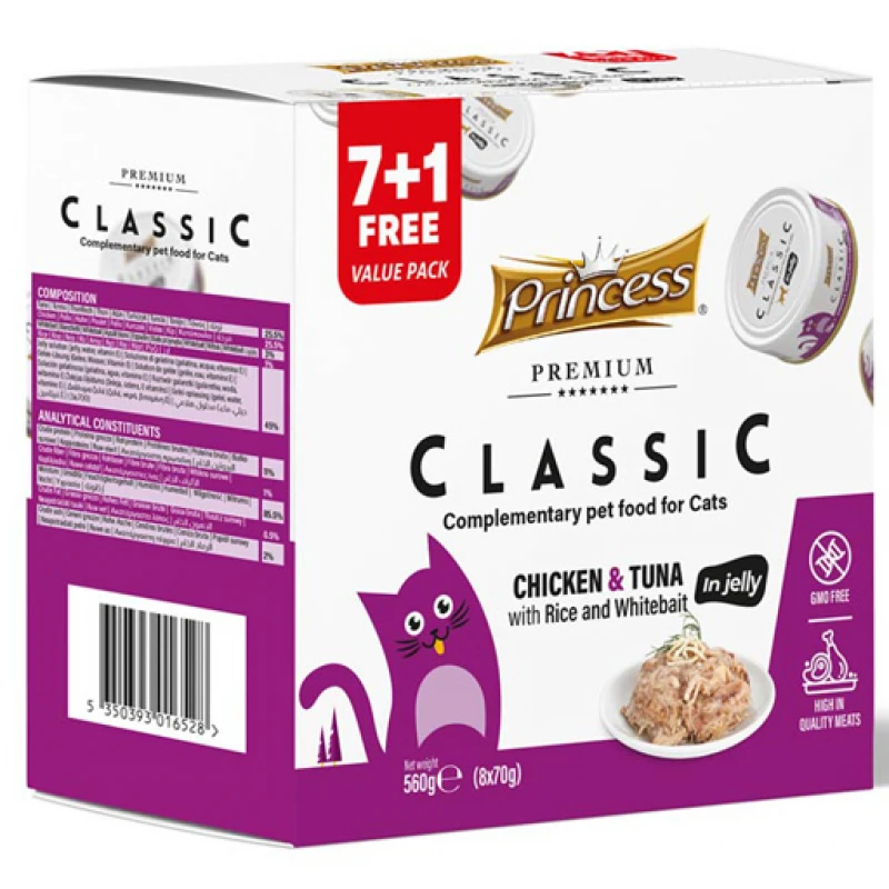 Princess Premium Classic Chicken & Tuna with Rice & White Bait 70g (7 + 1 Δώρο) Γάτες Princess Premium Classic Chicken & Tuna with Rice & White Bait 70g (7 + 1 Δώρο) Γάτες