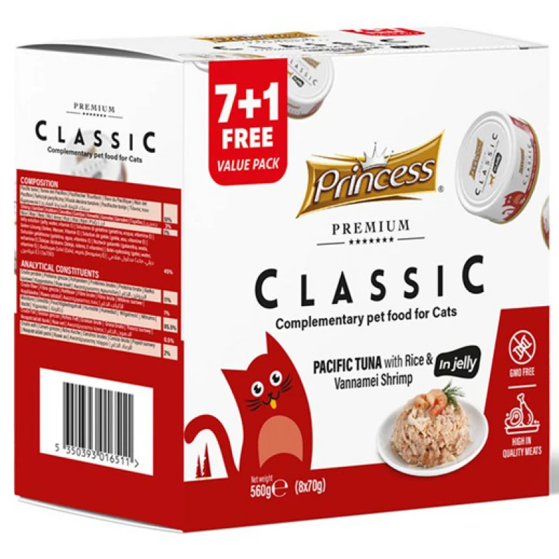 Princess Premium Classic Pacific Tuna with Rice & Vannamei Shrimp 70g (7 + 1 Δώρο) Γάτες Princess Premium Classic Pacific Tuna with Rice & Vannamei Shrimp 70g (7 + 1 Δώρο) Γάτες