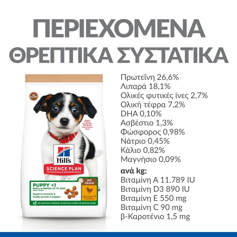 Hill's Science Plan No Grain Puppy Small & Medium Για Σκύλους Με Κοτόπουλο 2,5kg  ΞΗΡΑ ΤΡΟΦΗ ΣΚΥΛΟΥ
