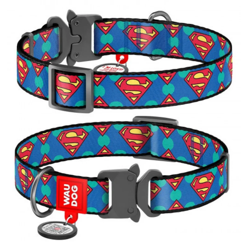 Περιλαίμιο WauDog Superman Logo Metal 2x24-40cm με SmartID ΠΕΡΙΛΑΙΜΙΑ - ΟΔΗΓΟΙ - ΣΑΜΑΡΑΚΙΑ