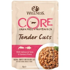 Wellness Core Tender Cuts Fillets Σολομός & Τόνος σε σάλτσα 24 x 85gr Wellness Core Tender Cuts Fillets Σολομός & Τόνος σε σάλτσα 24 x 85gr
