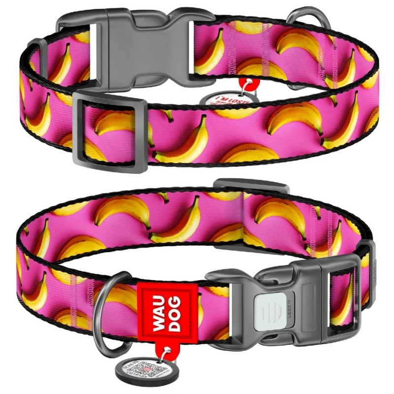 Περιλαίμιο WauDog Bananas on Pink Plastic Fastex S 15mm x 25-35cm με SmartID Σκύλοι