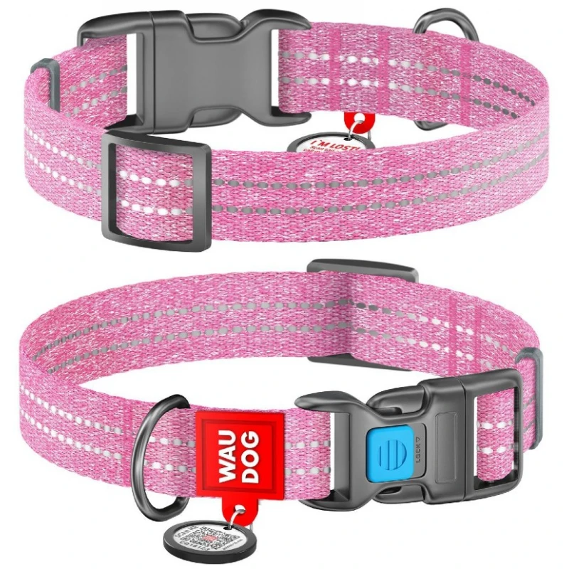 Περιλαίμιο Waudog Reflective Pink Fastex M 20mm x 28-40cm με Smartid Σκύλοι