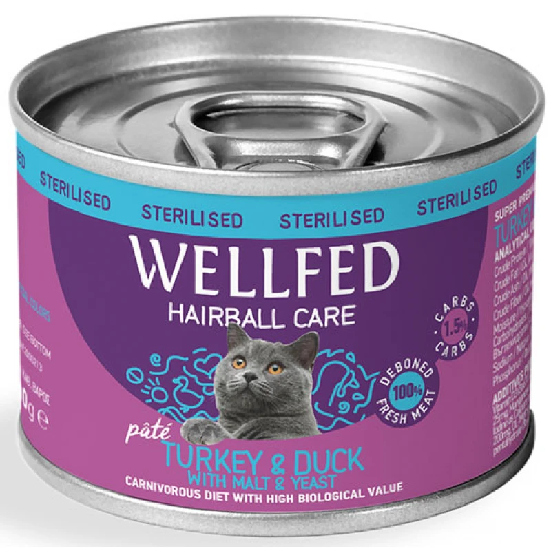 Wellfed Cat για Στειρωμένες Γαλοπούλα και Πάπια Hairball Care 200gr Γάτες Wellfed Cat για Στειρωμένες Γαλοπούλα και Πάπια Hairball Care 200gr Γάτες