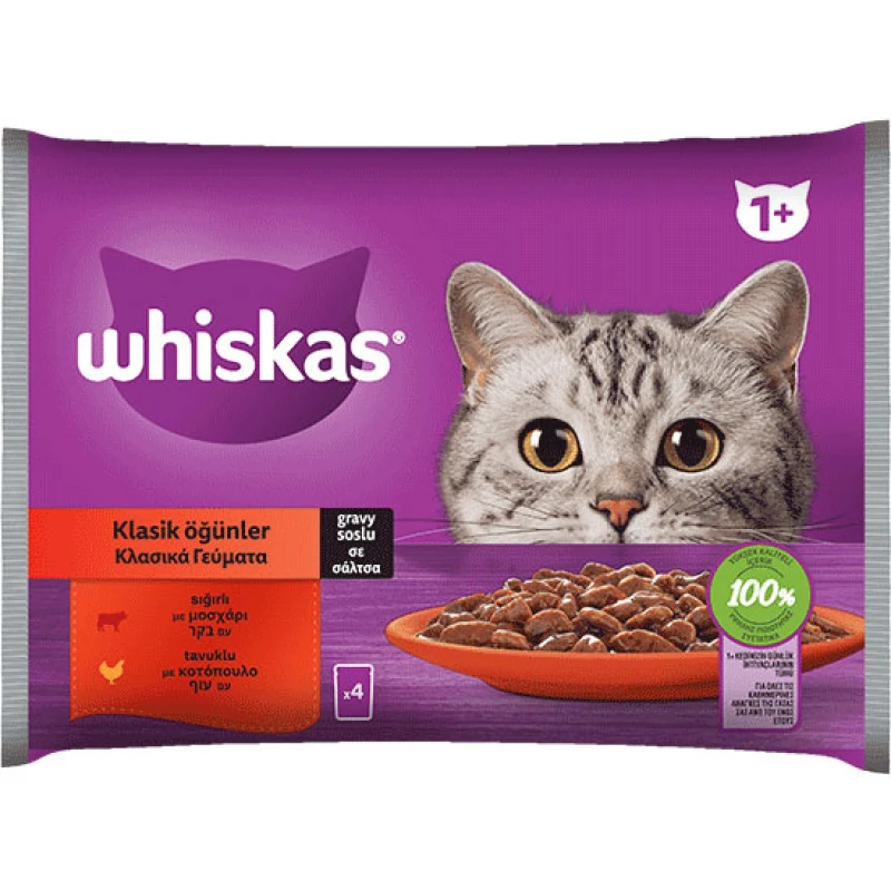 Whiskas Επιλεγμένα Κλασικά Γεύματα σε Σάλτσα Φακελάκι 4x85g Γάτες