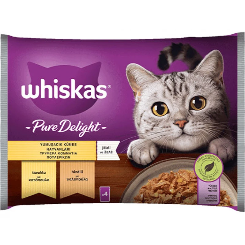 Whiskas Pure Delight Adult Τρυφερά Κομμάτια Πουλερικών Σε Ζελέ Φακελάκι 4x85g Γάτες