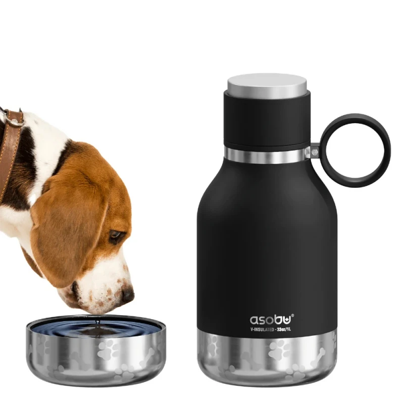 2 σε 1 Σετ Θερμός & Μπολ Για Φαγητό ή Νερό Σκύλου Asobu Dog Bowl Bottle Black (975ml + 360ml) Σκύλοι