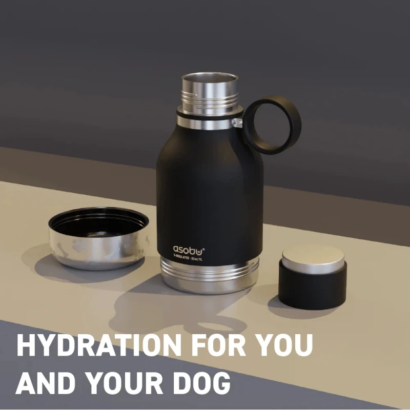 2 σε 1 Σετ Θερμός & Μπολ Για Φαγητό ή Νερό Σκύλου Asobu Dog Bowl Bottle Black (975ml + 360ml) Σκύλοι