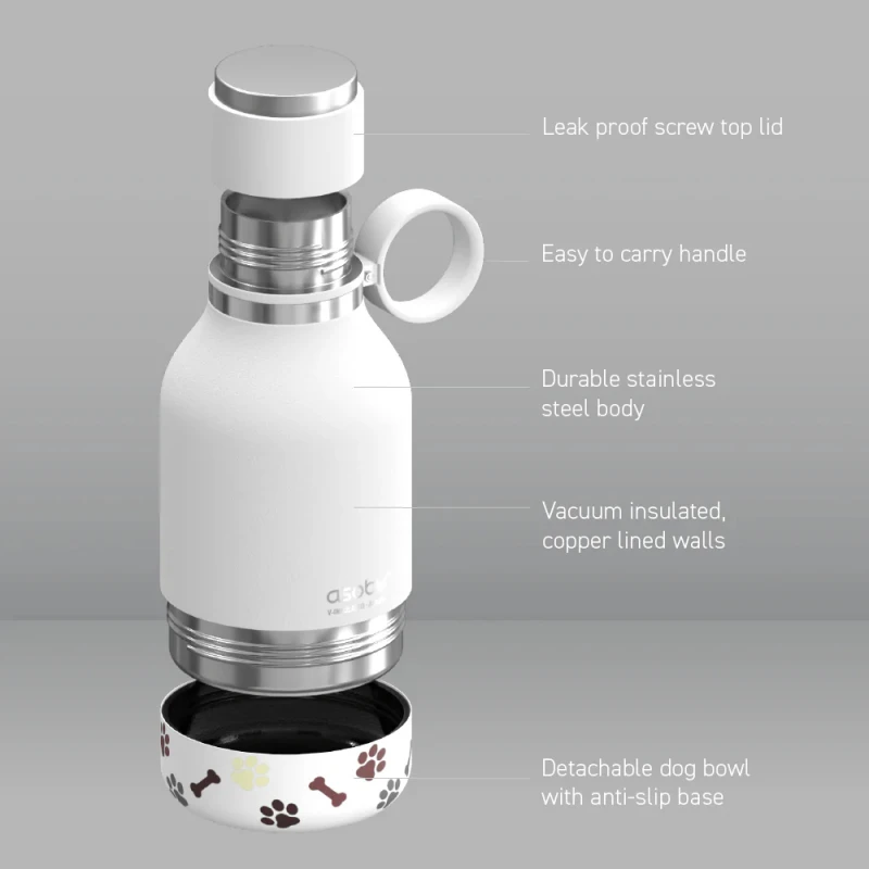 2 σε 1 Σετ Θερμός & Μπολ Για Φαγητό ή Νερό Σκύλου Asobu Dog Bowl Bottle White (975ml + 360ml) Σκύλοι